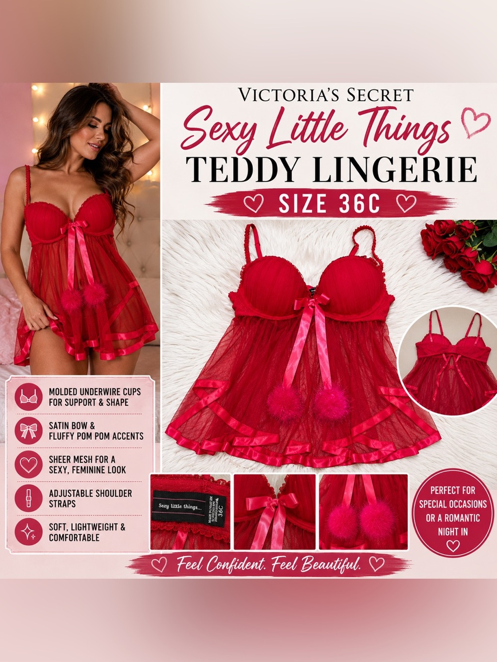 Victoria’s Secret Sexy Little Things Red Teddy HolidayChristmasLingerie 36 C